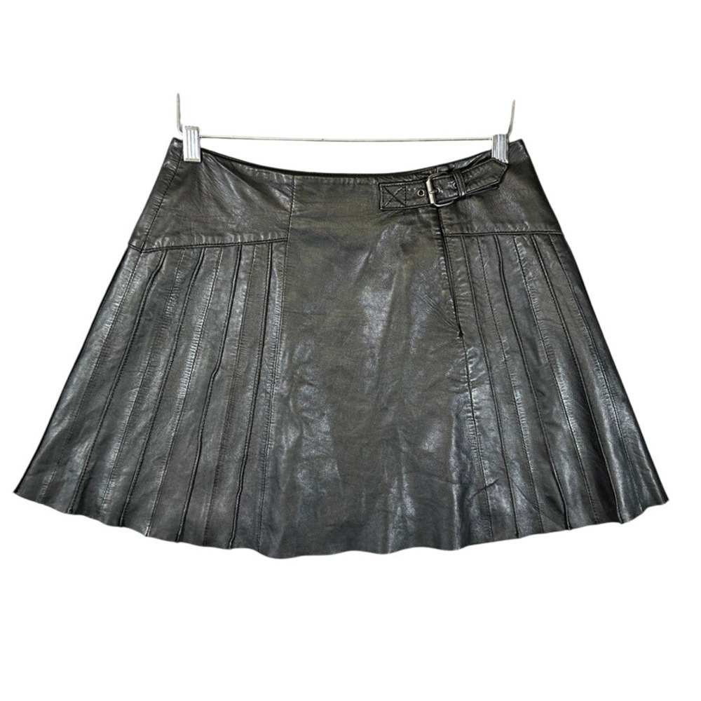 Miss Selfridge Black Real Leather Pleated Mini Skirt Side Buckle US 6 UK 10